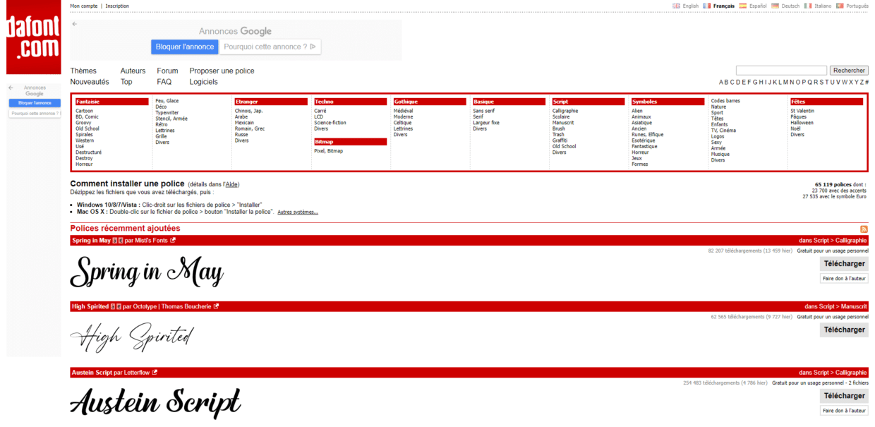 Capture d'écran du site internet DaFont
