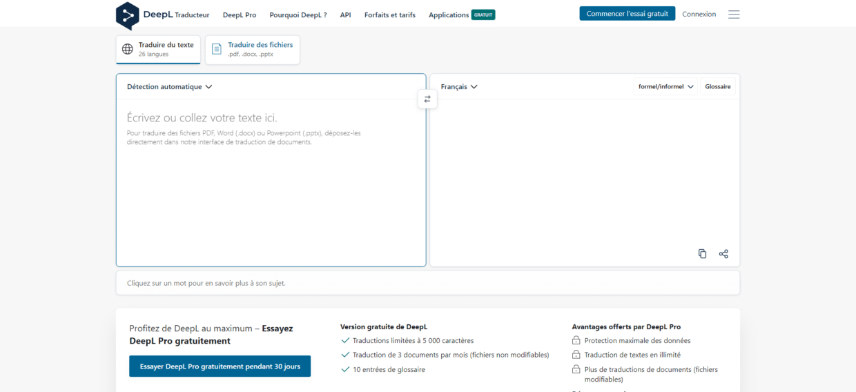 Capture d'écran du traducteur en ligne DeepL