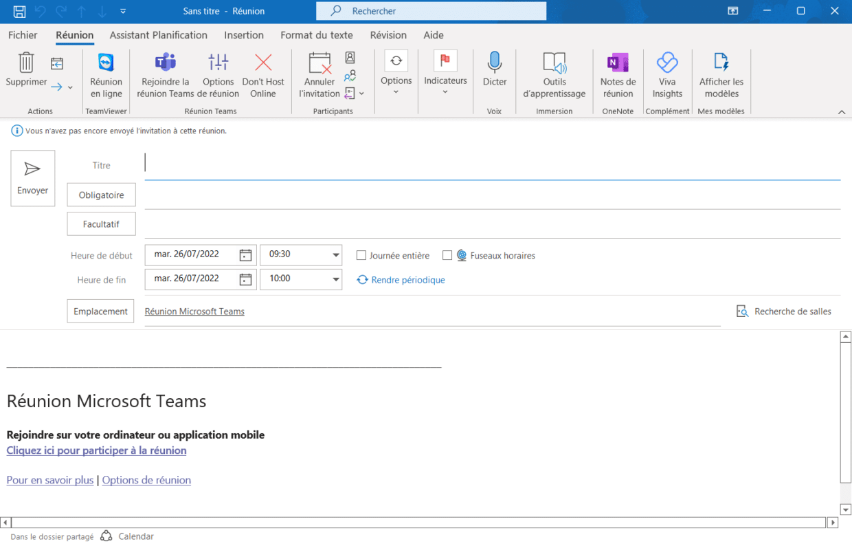 Capture d'écran de la fenêtre de dialogue Outlook pour planifier la réunion Teams