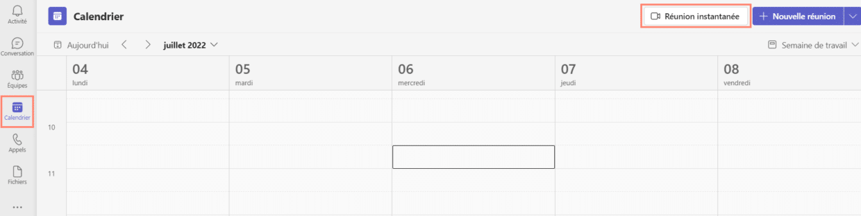 Capture d'écran du calendrier Teams et mise en avant de l'onglet "Réunion instantanée"