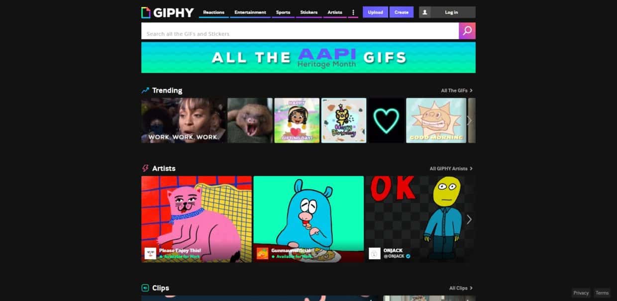 Capture d'écran de la banque de gif Giphy